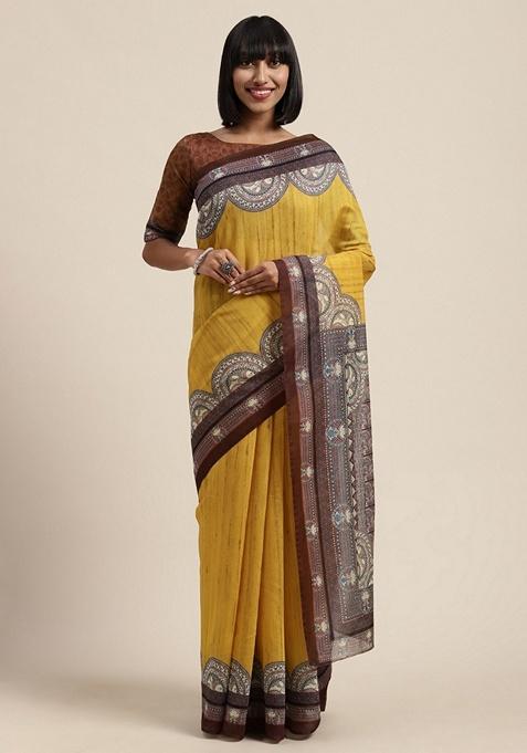 Mustard Ethnic Motifs Print Silk Blend Saree Set