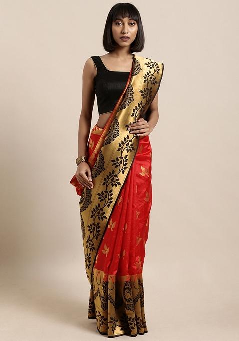 Red Ethnic Motifs Print Cotton Silk Saree Set