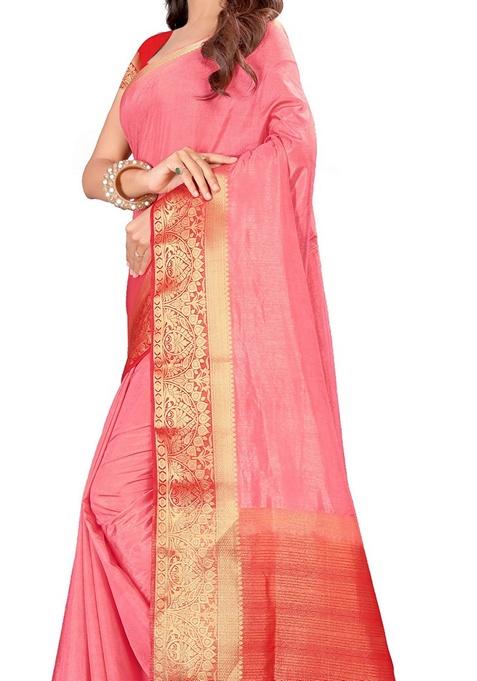 Peach Woven Design Silk Blend Saree Set