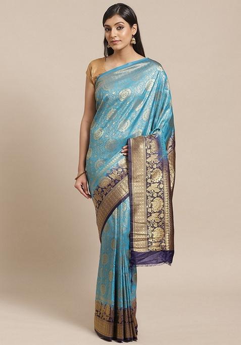 Blue Ethnic Motifs Print Silk Blend Saree Set