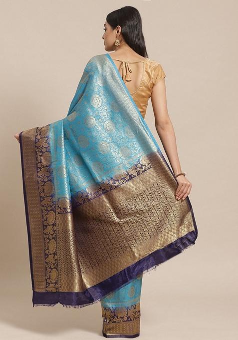 Women White And Blue Ethnic Print Saree With Atteched Blouse Piece