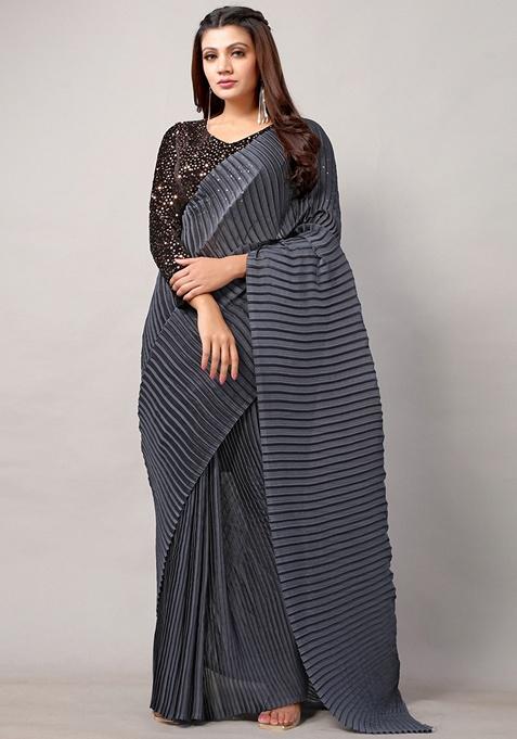 Grey Solid Vichitra Silk Saree Set