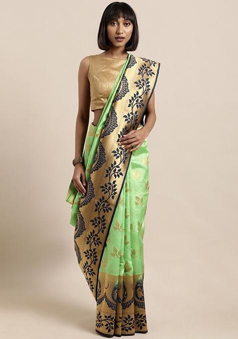 Green Ethnic Motifs Print Cotton Silk Saree Set