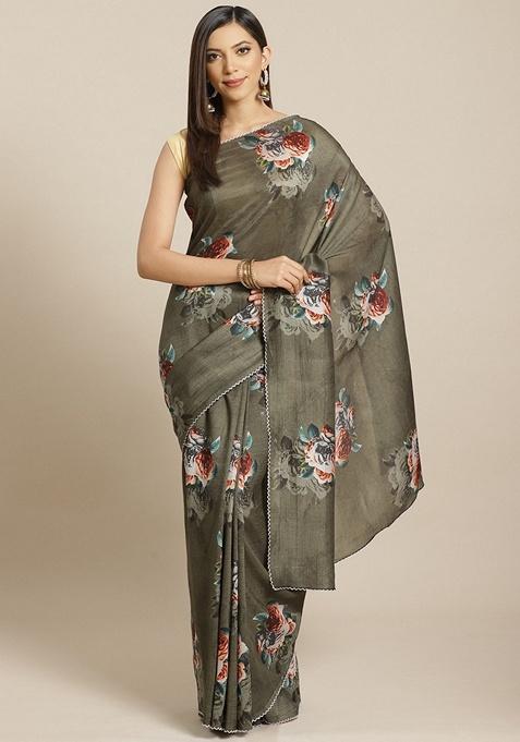 Olive Floral Art Silk Saree Set