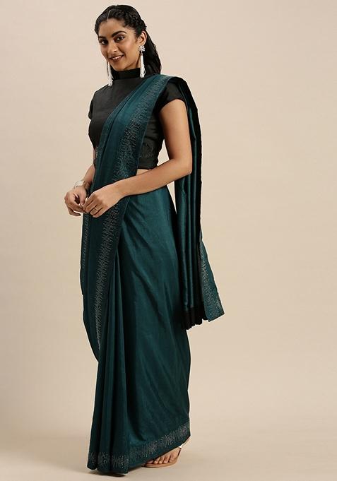 Teal Embellished Silk Blend Saree Set