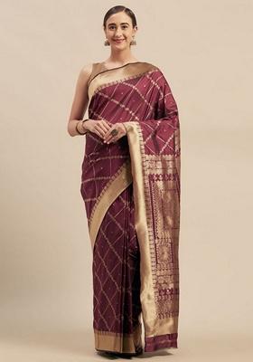 Wine Woven Design Silk Blend Saree Set