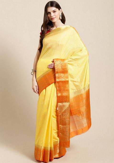 Yellow Solid Silk Blend Saree Set