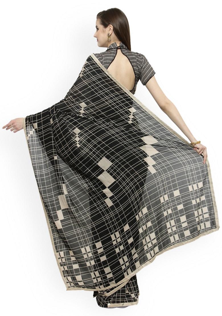Black Abstract Cotton Silk Saree Set - Indya