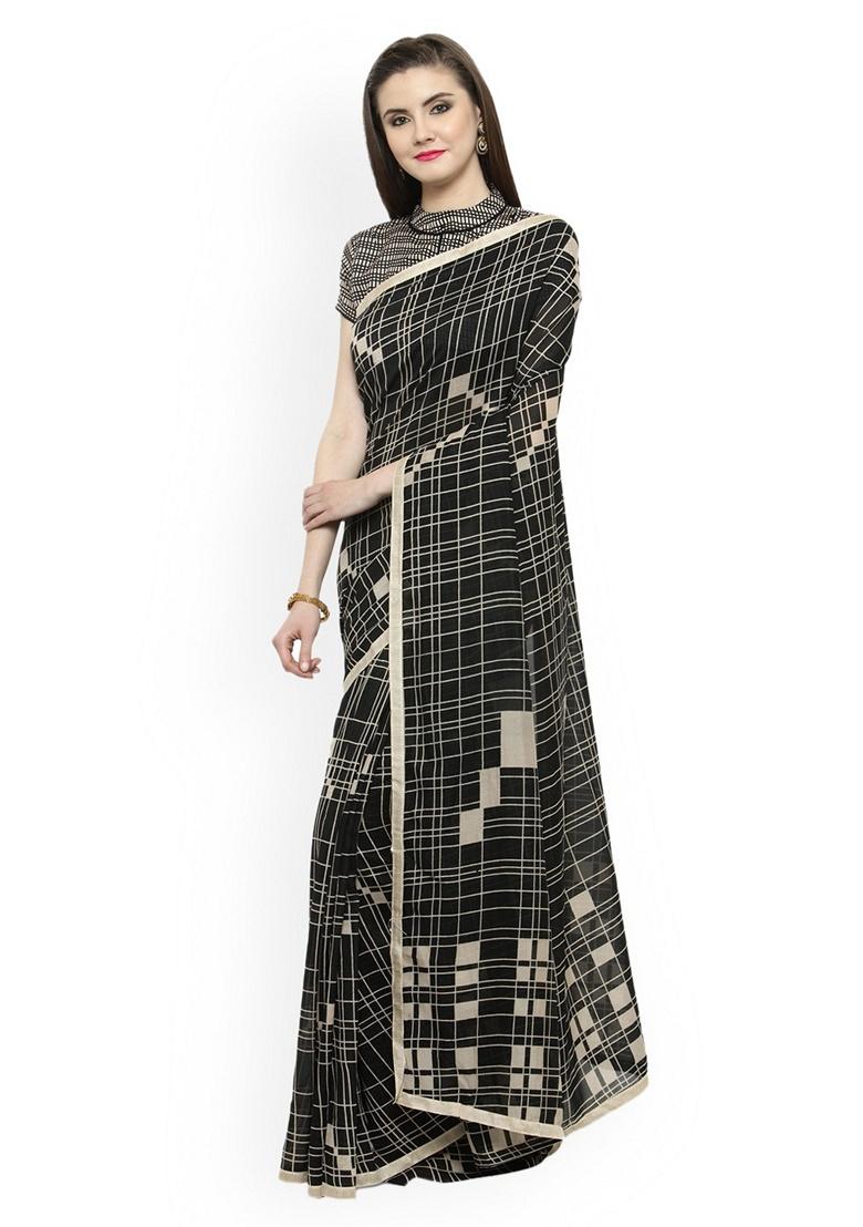 Black Abstract Cotton Silk Saree Set - Indya