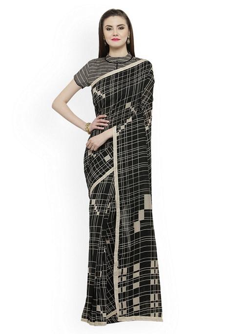 Black Abstract Cotton Silk Saree Set