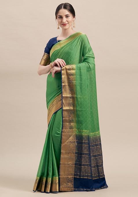 Green Ethnic Motifs Print Silk Blend Saree Set