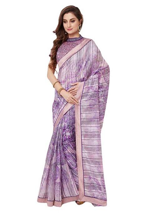 Purple Stripe Poly Georgette Saree Set