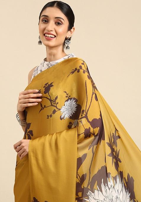 Mustard Solid Satin Saree Set