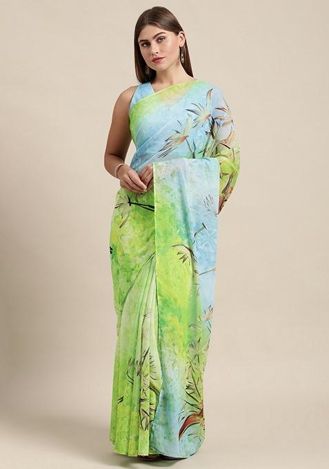 Green Floral Georgette Saree Set