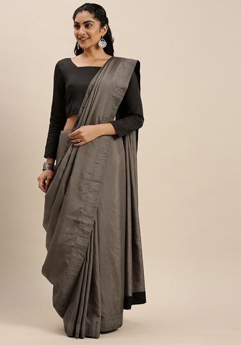 Grey Embellished Silk Blend Saree Set