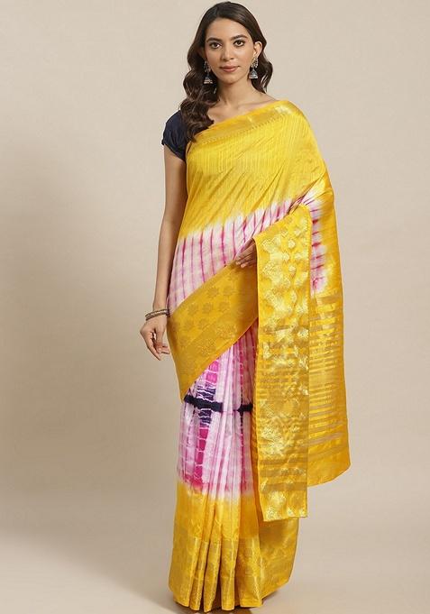 Yellow Tie and Dye Silk Blend Saree Set