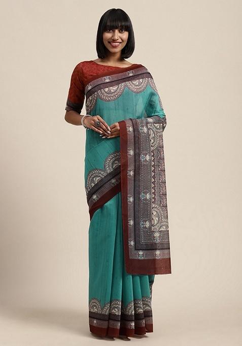 Turquoise Blue Ethnic Motifs Print Silk Blend Saree Set