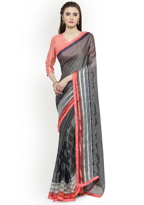 Grey Ethnic Motifs Print Brasso Saree Set