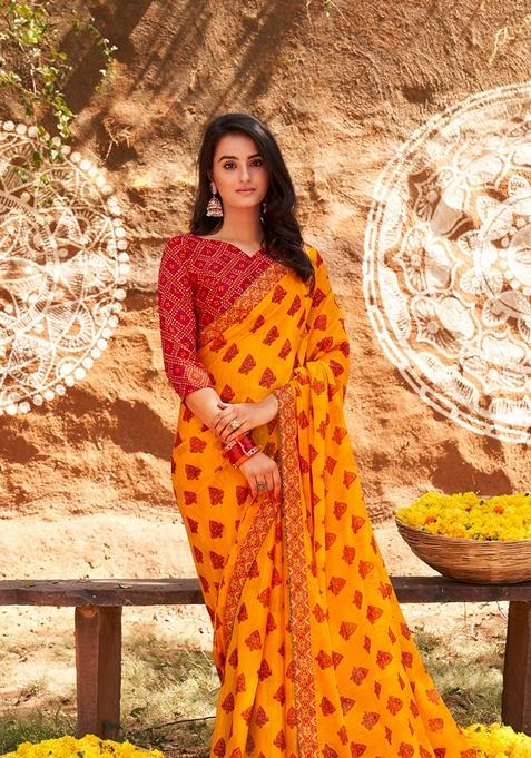 Yellow Ethnic Motifs Print Pure Chiffon Saree Set