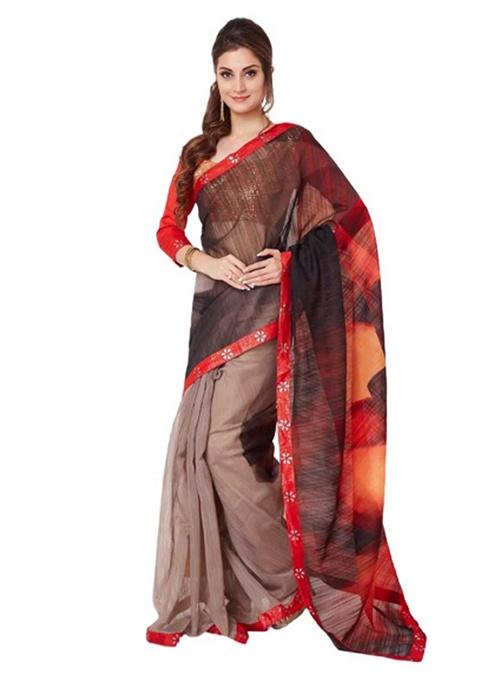 Brown Paisley Poly Georgette Saree Set