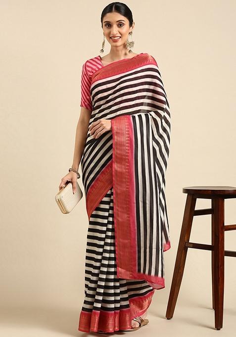 Black And White Stripe Georgette Saree Set