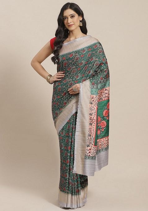 Green Ethnic Motifs Print Silk Blend Saree Set