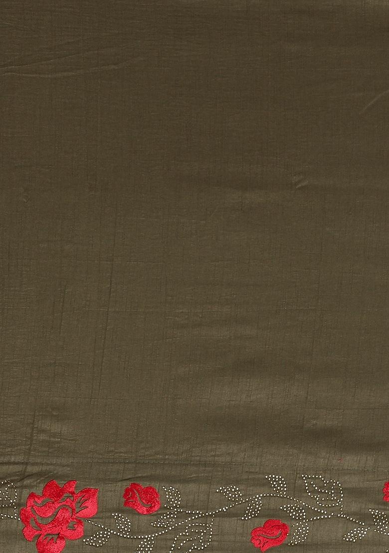 Olive Green Solid Silk Blend Saree Set - Indya