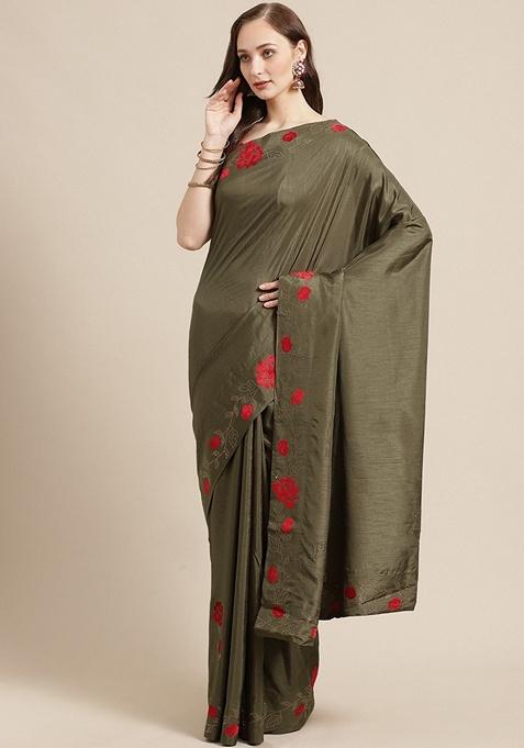 Olive Green Solid Silk Blend Saree Set