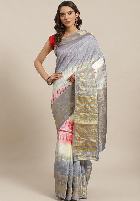 Grey Tie and Dye Silk Blend Saree Set