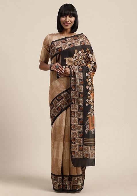 Beige Ethnic Motifs Print Silk Blend Saree Set