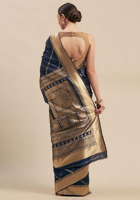 Navy Blue Woven Design Silk Blend Saree Set