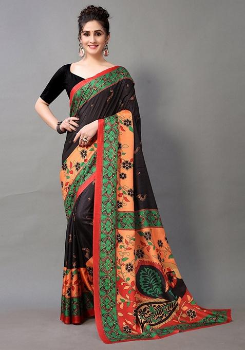 Black Ethnic Motifs Print Brasso Saree Set