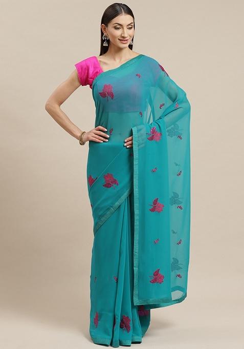 Blue Embroidered Georgette Saree Set