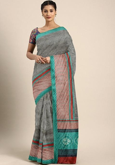 Multicolour Solid Silk Blend Saree Set