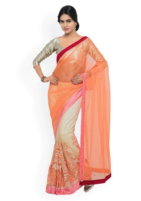 Orange Solid Poly Georgette Saree Set