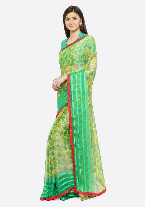 Green Ethnic Motifs Print Brasso Saree Set