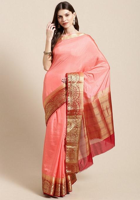 Peach Woven Design Silk Blend Saree Set