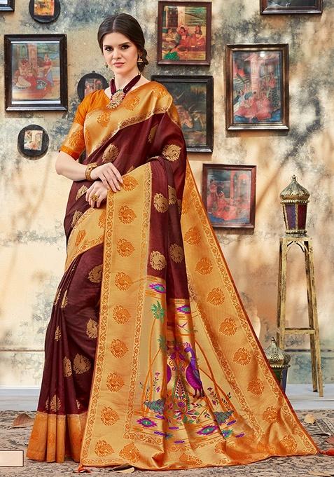 Brown Ethnic Motifs Print Art Silk Saree Set