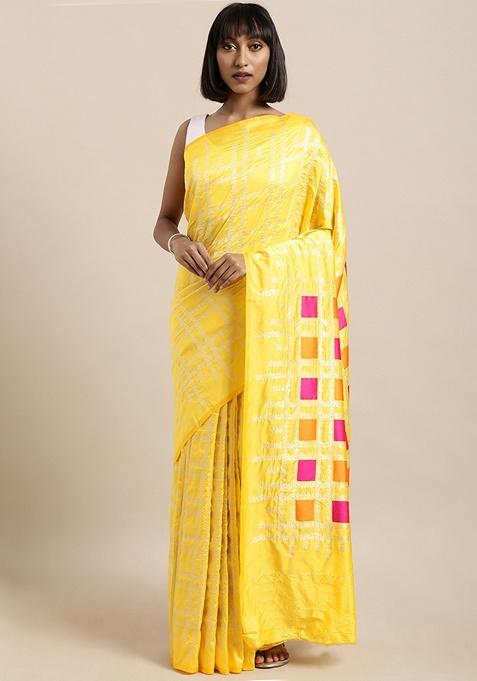 Yellow Checked Silk Blend Saree Set