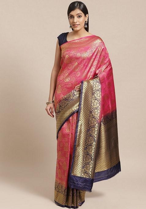 Pink Ethnic Motifs Print Silk Blend Saree Set