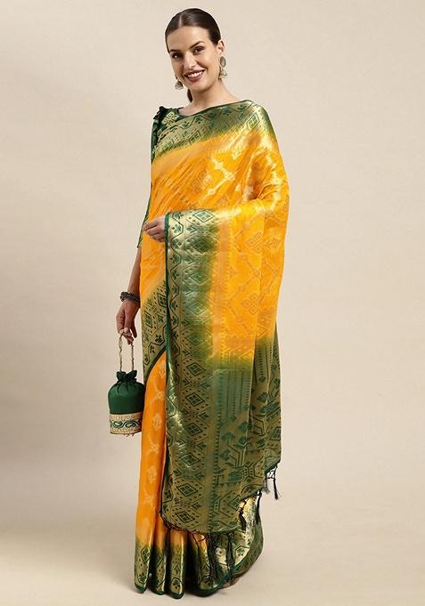 Mustard Ethnic Motifs Print Silk Blend Saree Set