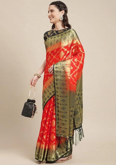 Red Ethnic Motifs Print Silk Blend Saree Set