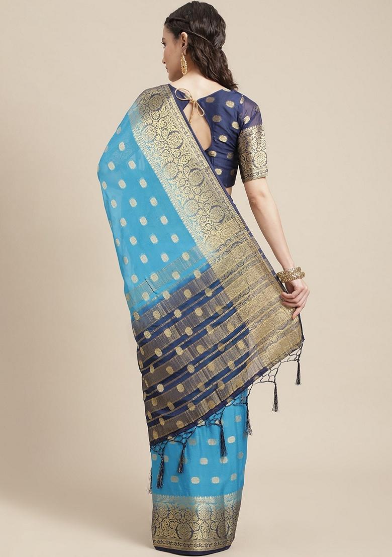 Blue Ethnic Motifs Print Silk Blend Saree Set - Indya