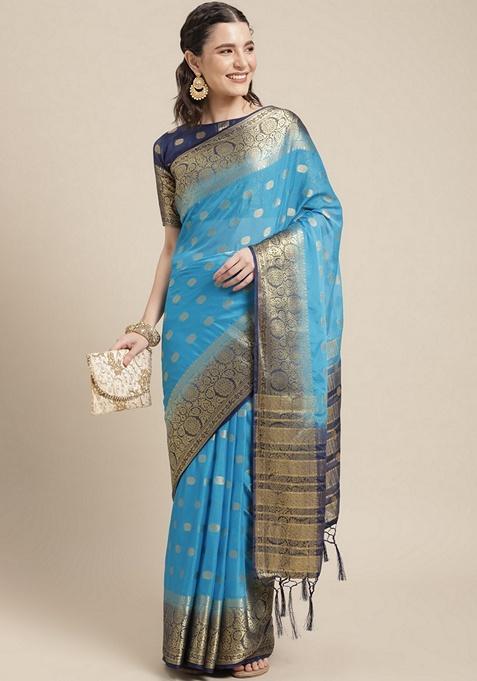 Blue Ethnic Motifs Print Silk Blend Saree Set