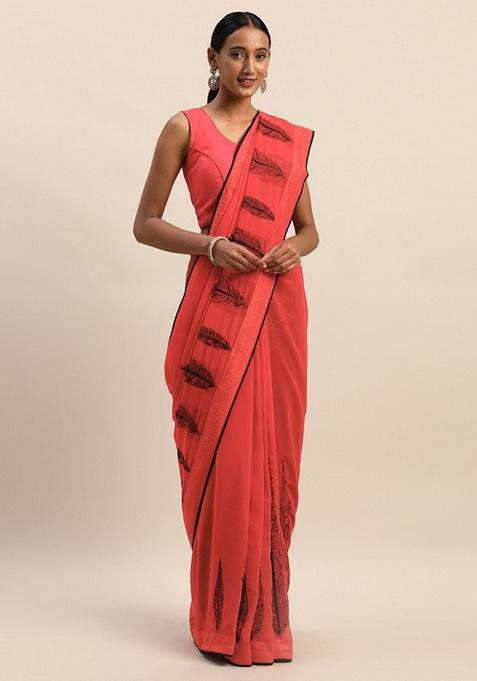 Red Embroidered Georgette Saree Set