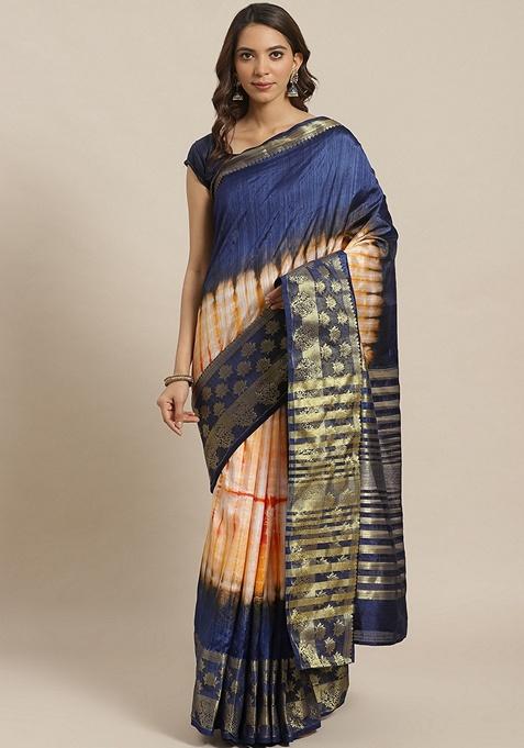 Navy Blue Tie and Dye Silk Blend Saree Set