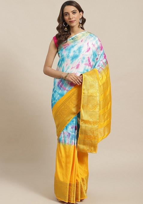 Yellow Tie and Dye Silk Blend Saree Set