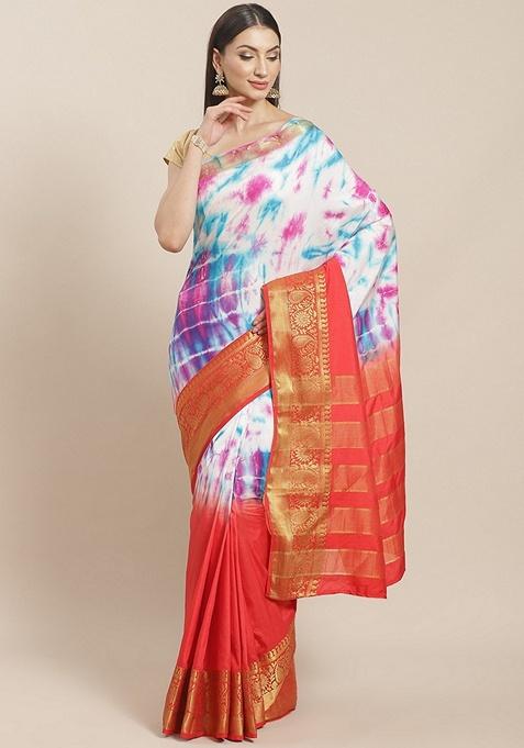 Red Tie and Dye Silk Blend Saree Set