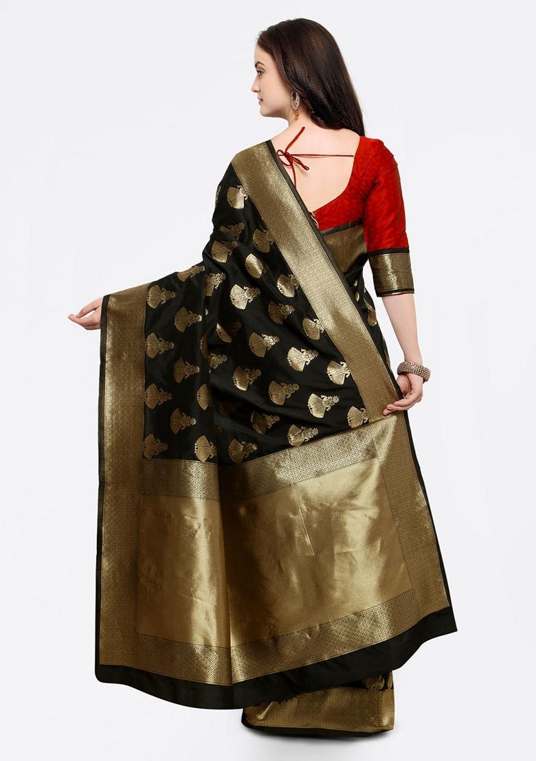 Black Ethnic Motifs Print Silk Blend Saree Set - Indya