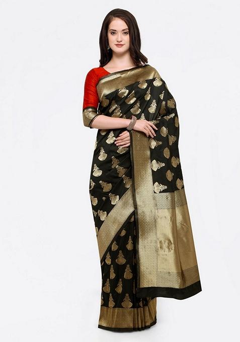 Black Ethnic Motifs Print Silk Blend Saree Set